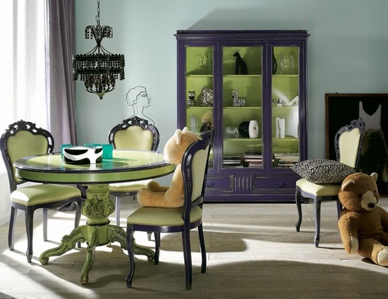 Фиолетовый и зеленый дизайн интерьера