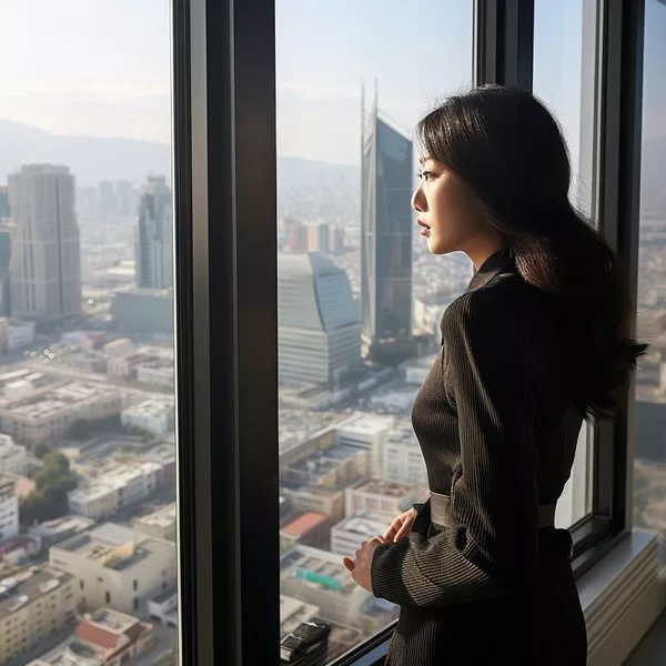 кореянка смотрит на современный мир 2024 года из окна в высотном здании