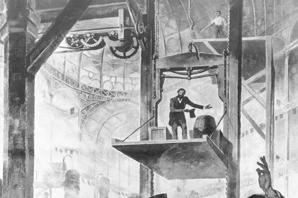 Элиша Грейвс Отис показывает свой первый лифт в Хрустальном дворце в Нью-Йорке