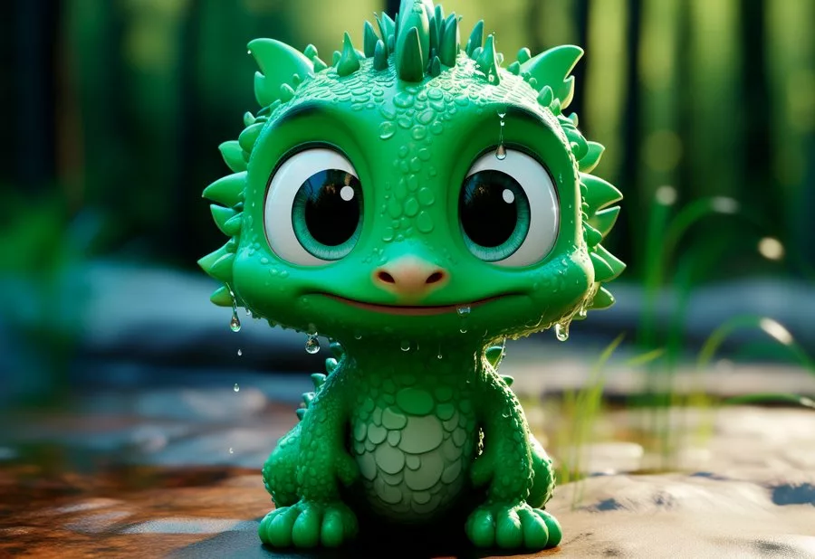 мультяшный зеленый дракончик под дождем