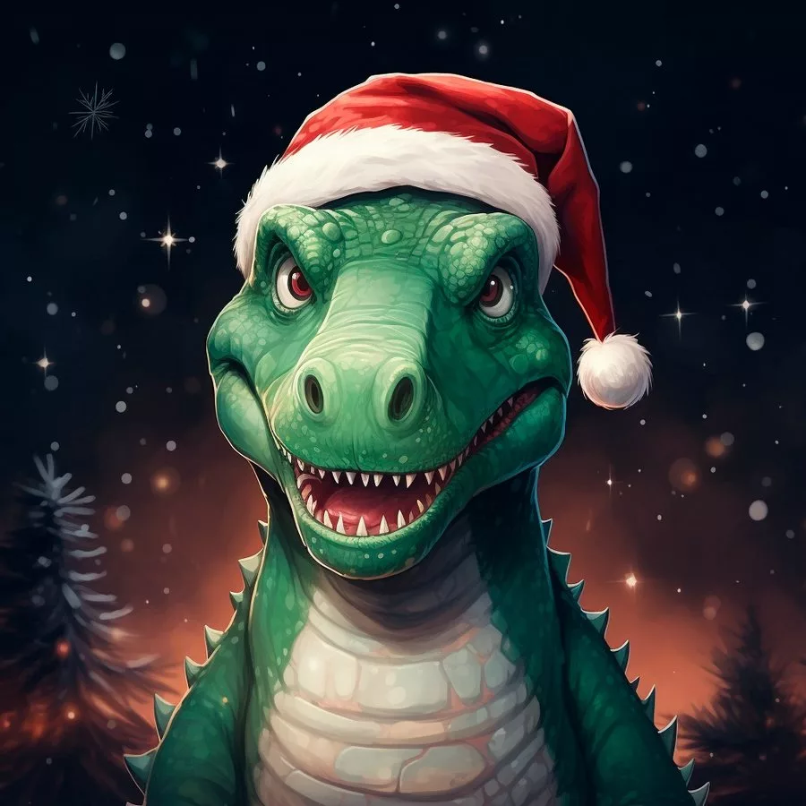 зеленый дракон как динозавр в новогодней шапке