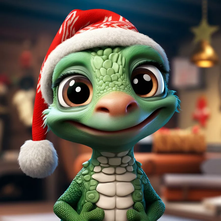 забавный зеленый дракончик милый в новогодней шапке