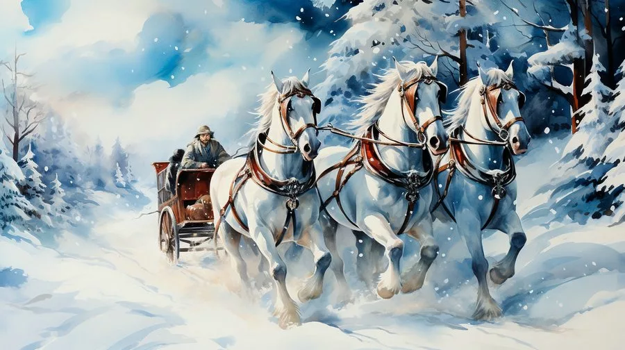 тройка белых коней зимой