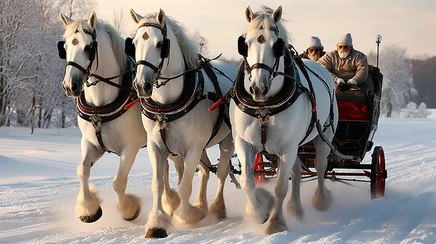 русская тройка лошадей зимой