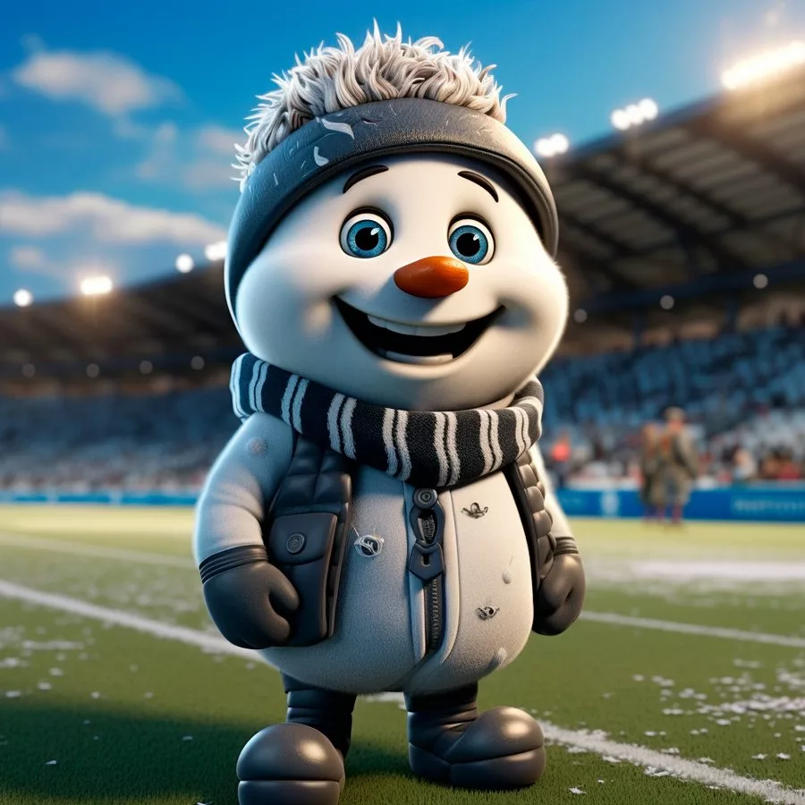 мультяшный снеговик на футбольном стадионе
